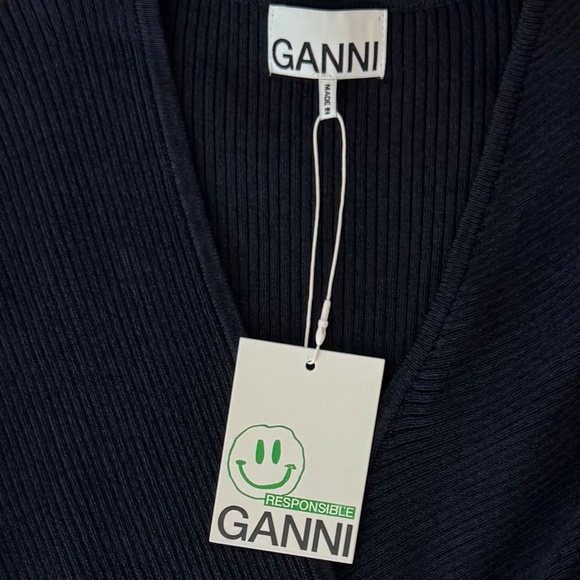 NWT GANNI Dress Dark Navy V-Neck Wrap-effect Ribbed-knit Mini Skirt Size M - Picture 4 of 13